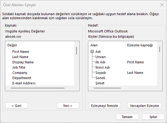Yandex Mail Kişileri Outlook'a Aktarma