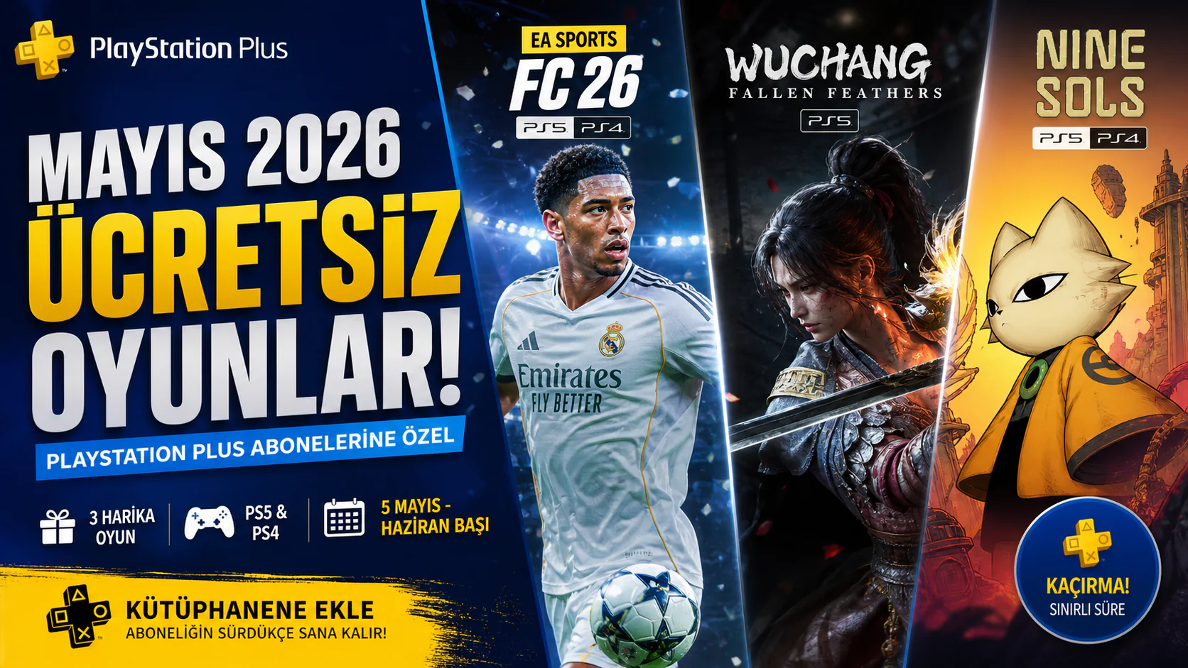 Playstation Plus Mayıs Ayı Ücretsiz oyunları içeren liste ekranı ve oyun kapak görselleri