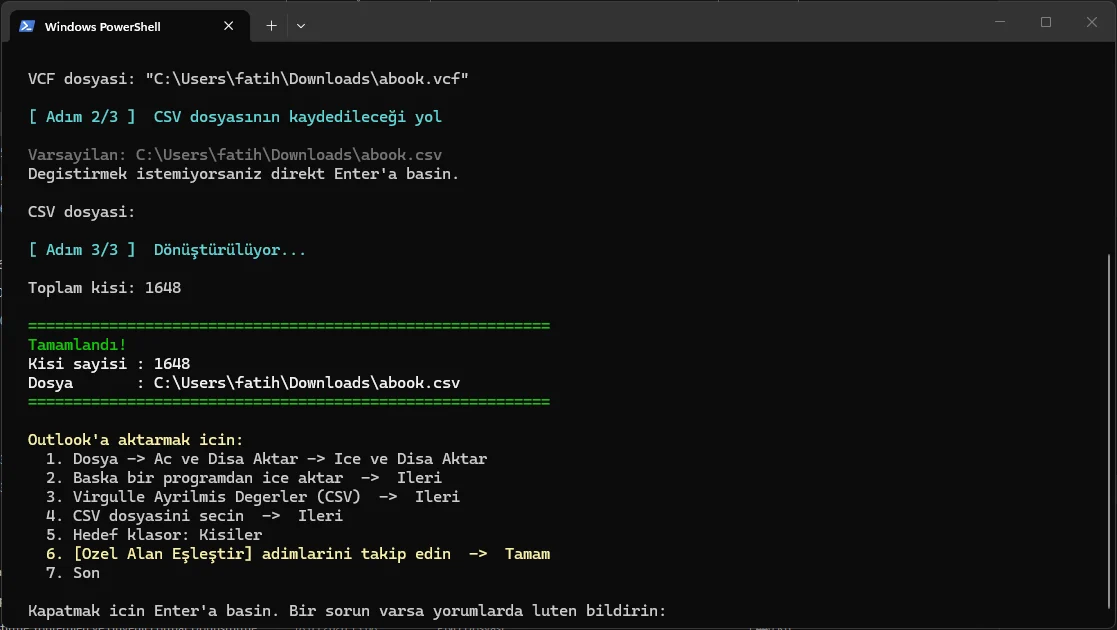 Yandex Mail Kişileri Outlook'a Aktarma