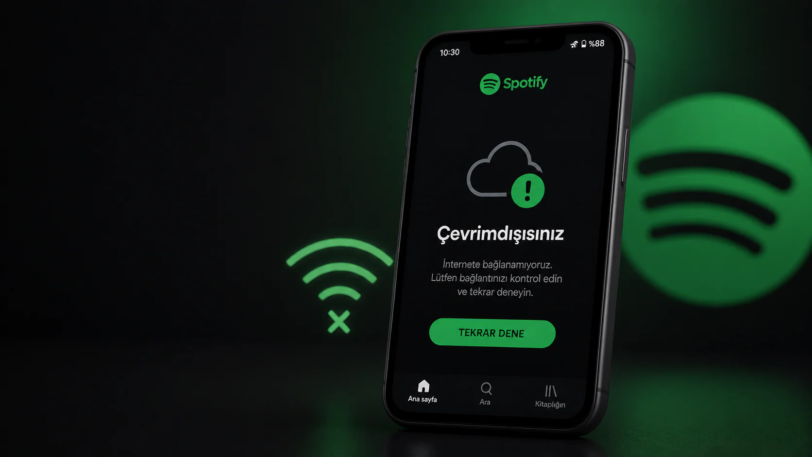 Spotify çevrimdışısınız hatası ekranında bağlantı sorunu ve uygulama uyarısı görüntüsü