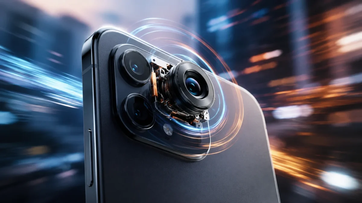 Mikro gimbal teknolojisi, telefon kamerasında titreşimi azaltan stabilizasyon sistemini gösteriyor.
