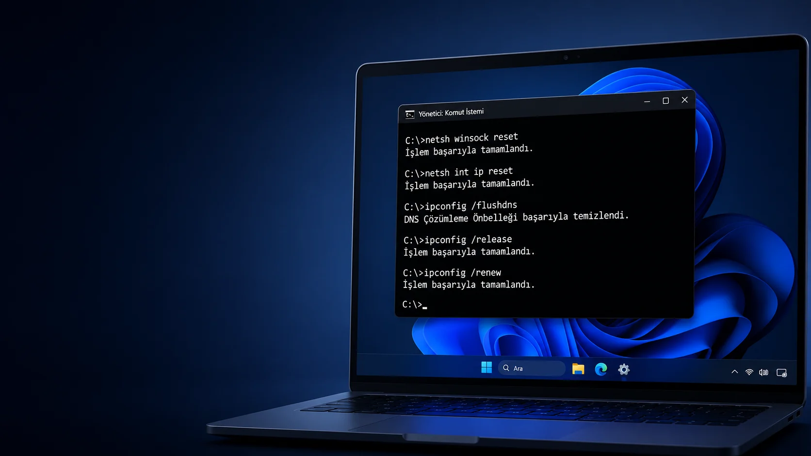 Windows 11 Ağ Ayarlarını Sıfırlama komutlarının Windows 11 ağ bağlantı sorunlarını çözme ekranı