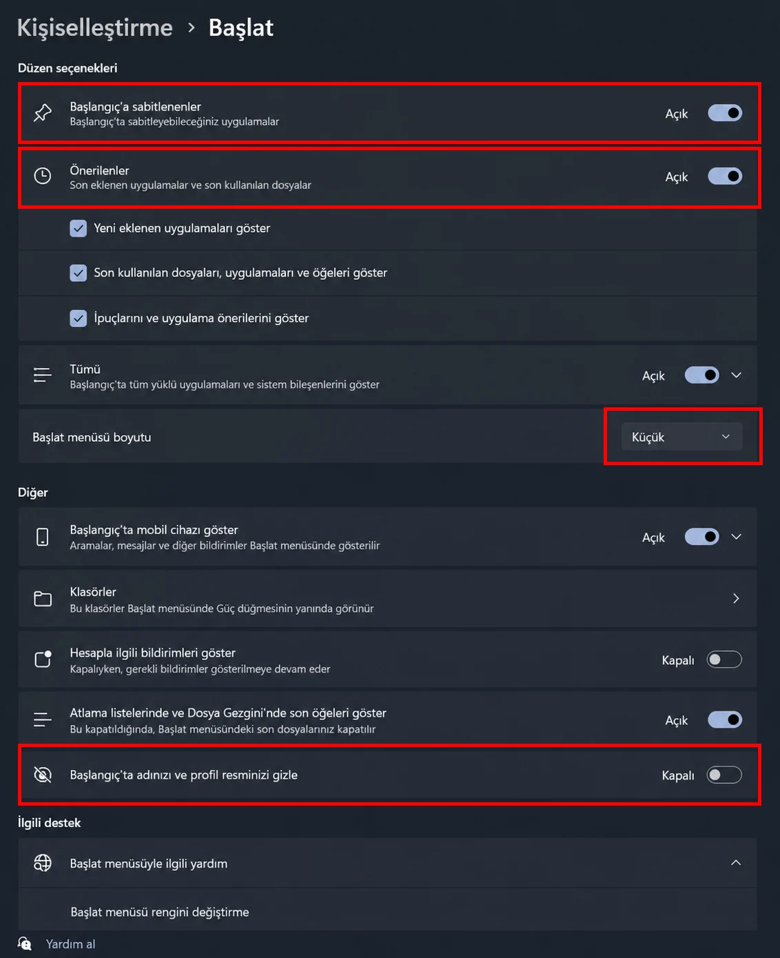 Windows 11 Başlat Menüsü Boyut Değiştirme