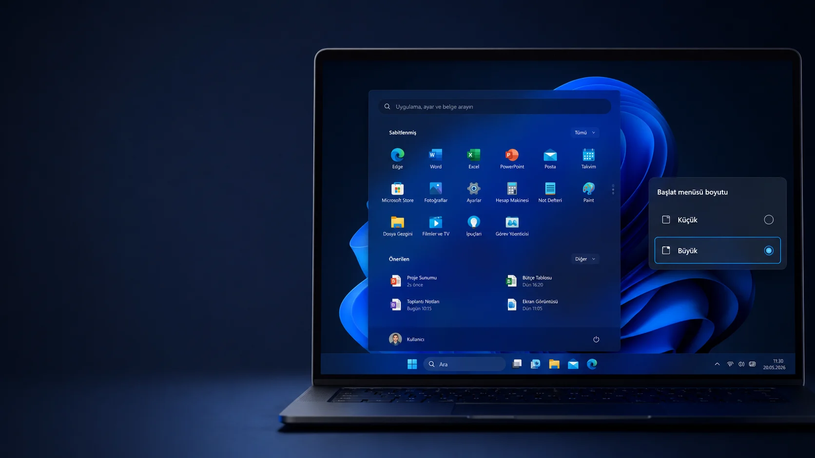 Windows 11 Başlat Menüsü Boyut ayarlarının yeni küçük ve büyük görünüm seçenekleri