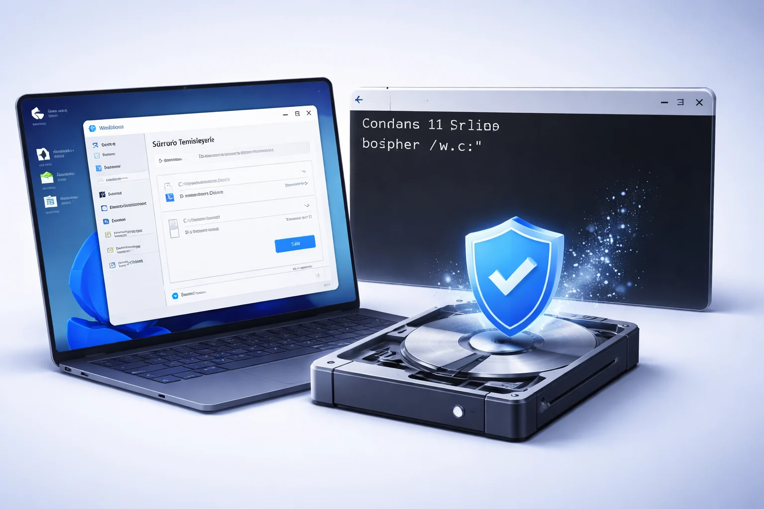 Windows 11 boş alan silme işlemini gösteren Komut İstemi ve sürücü temizleme ekranı