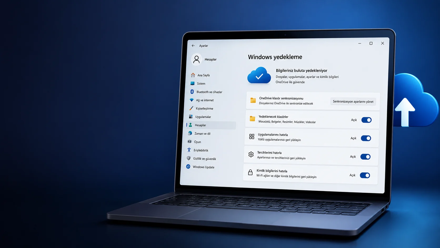 Windows 11 bulut yedekleme ayarlarında OneDrive senkronizasyon seçenekleri görüntüleniyor