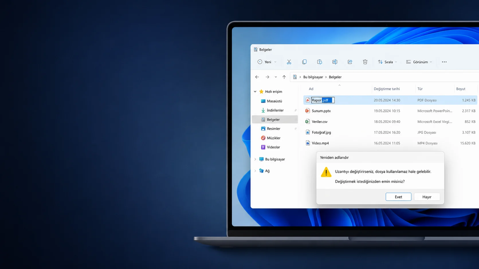 Windows 11 dosya türü değiştirme ekranında uzantı düzenleme ve format dönüştürme işlemi