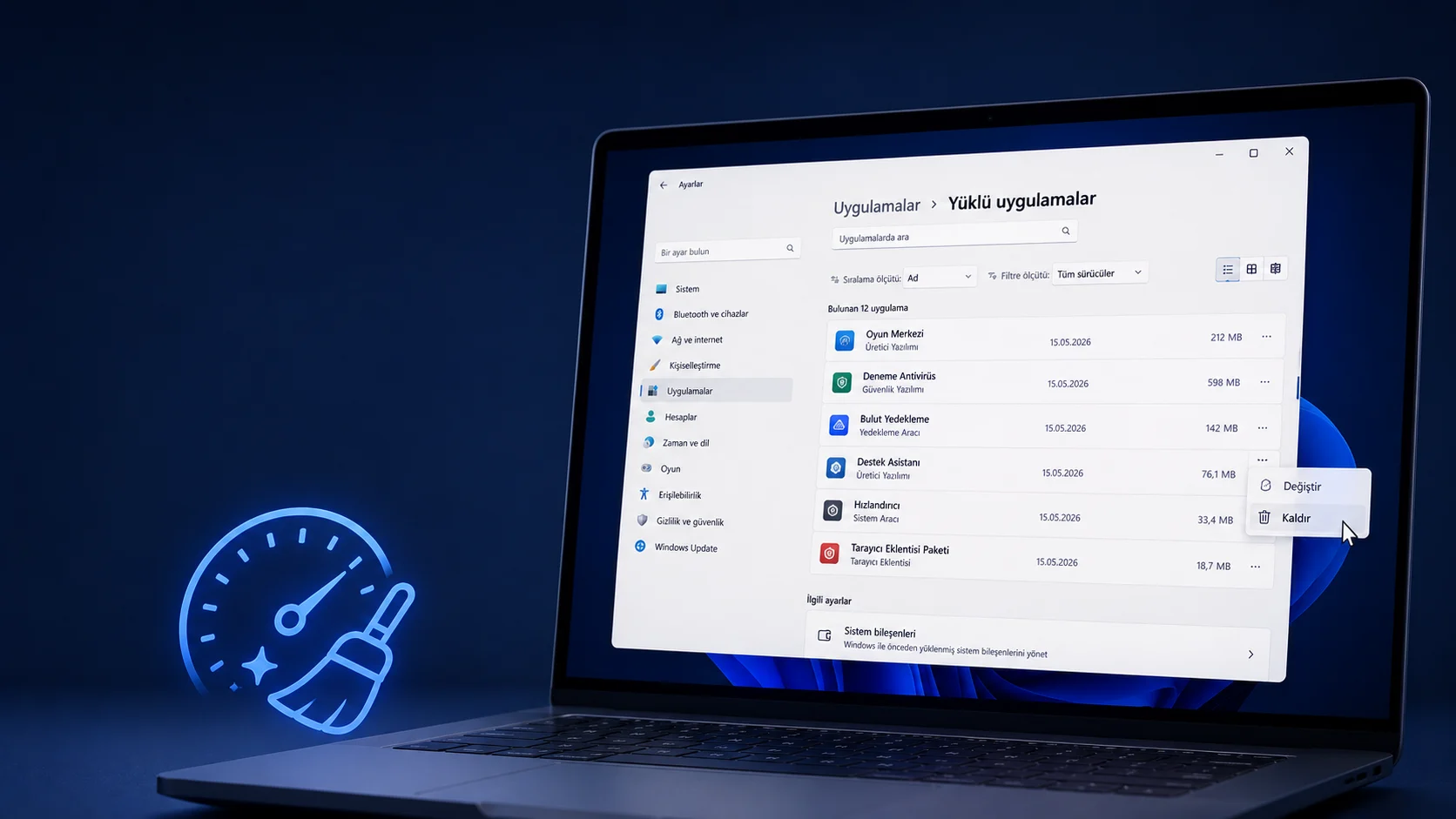 Windows 11 gereksiz uygulamalar listesinin sistem ayarlarında kaldırılma ekranı görünümü