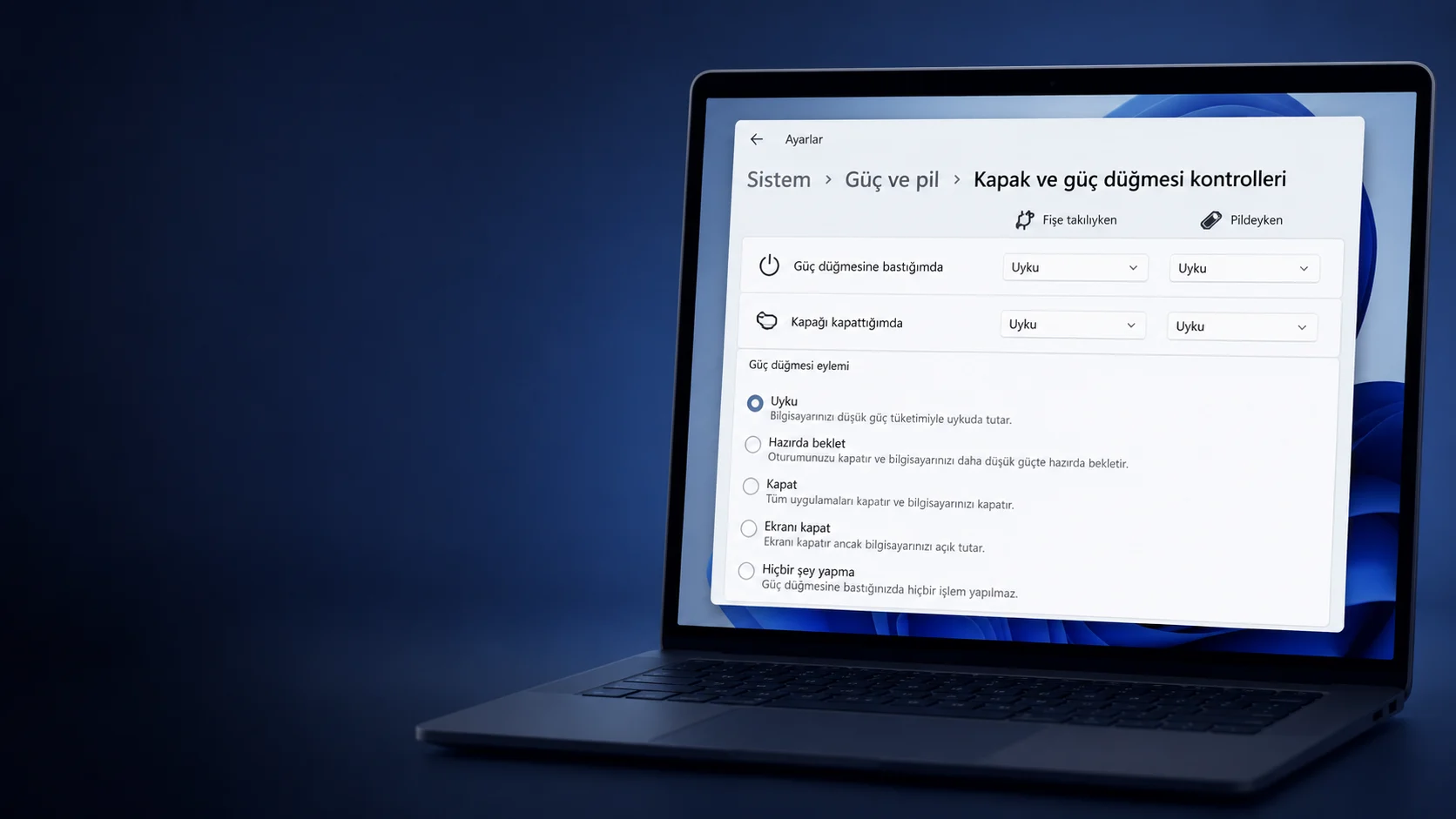 Bilgisayar güç düğmesi ayarları ekranında uyku ve kapatma seçenekleri görüntüleniyor
