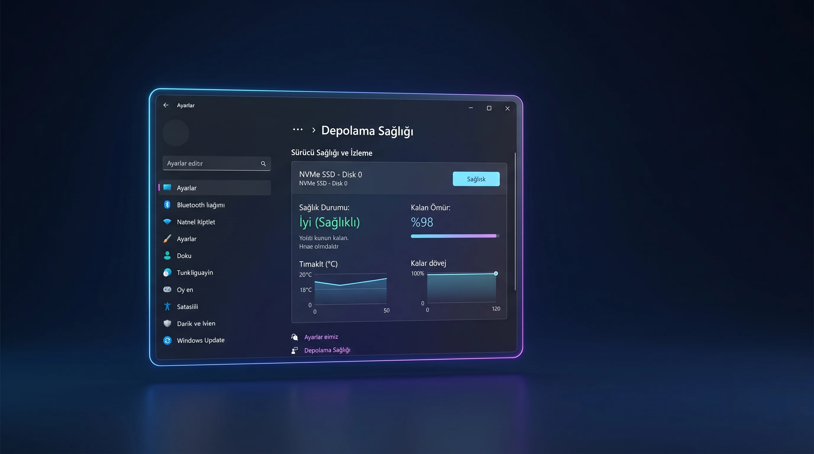 Windows 11 sürücü sağlığı NVMe SSD disk durum kontrol ekranı Ayarlar uygulaması depolama sağlık arayüzü