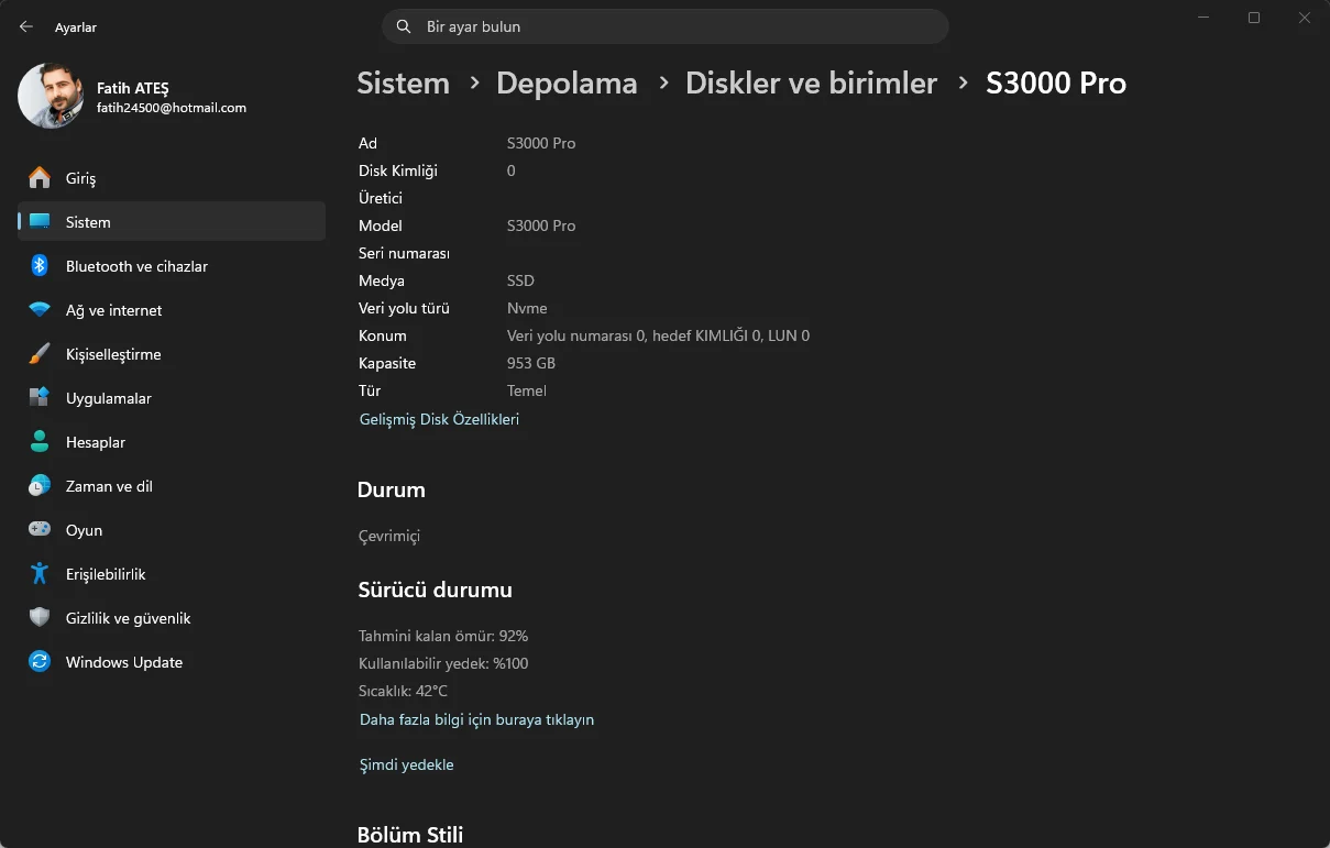 Windows 11 sürücü sağlığı NVMe SSD disk durum kontrol ekranı Ayarlar uygulaması depolama sağlık arayüzü