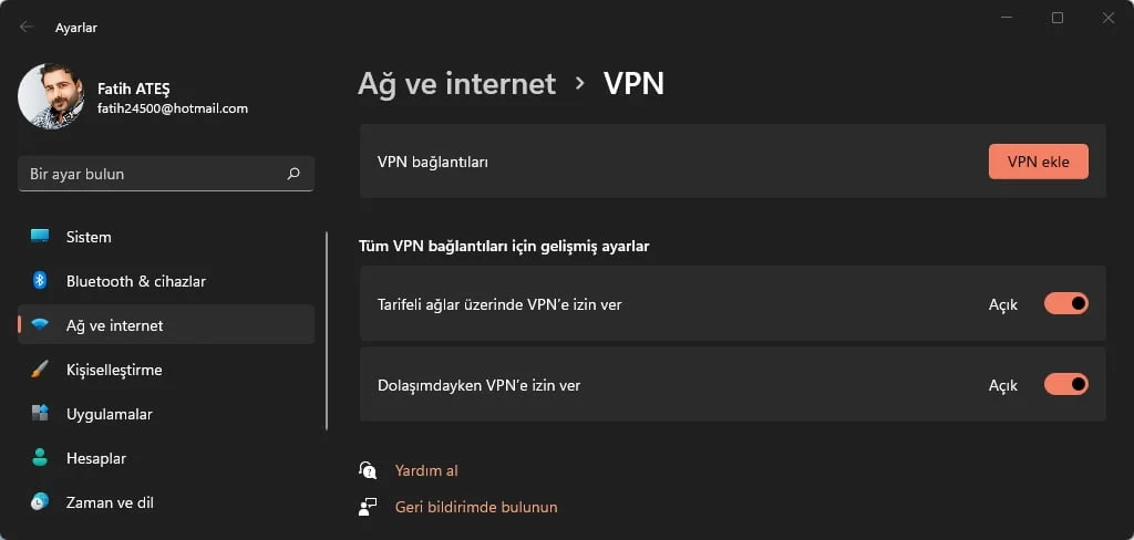 Windows 11 VPN çalışmıyor sorunu için ağ ve güvenlik ayarlarının kontrol edilmesi