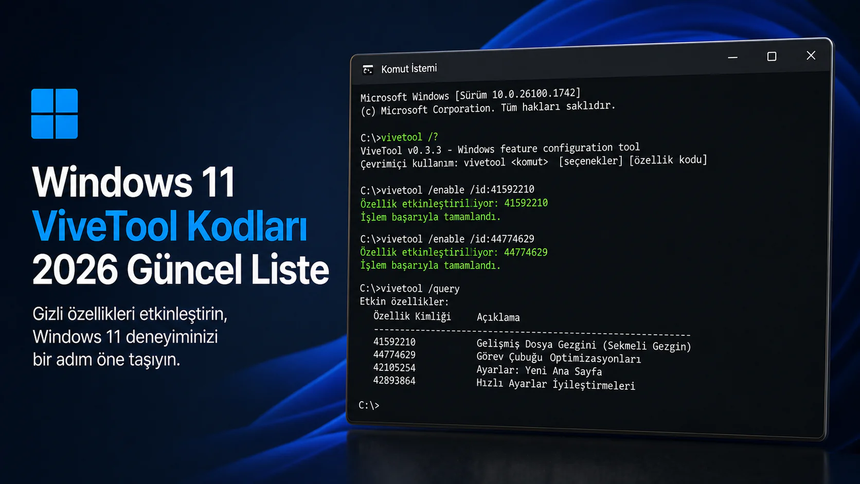 Metin: Windows 11 ViveTool Kodları 2026 için komut isteminde özellik etkinleştirme ekranı