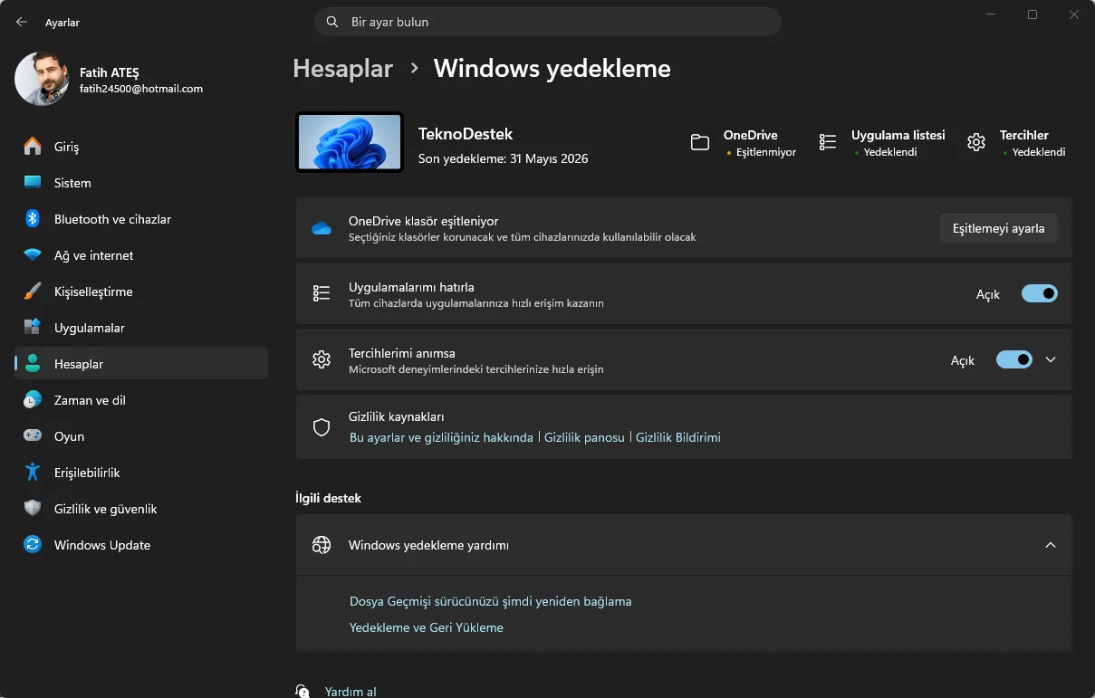 Windows 11 bulut yedekleme için Ayarlar uygulamasını kullanma