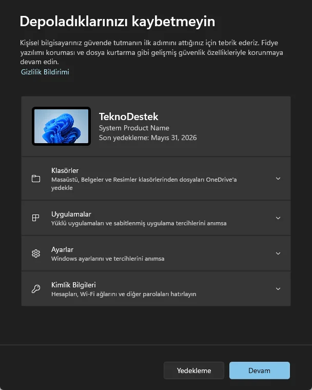 Windows 11 bulut yedekleme için Windows Yedekleme uygulamasını kullanma