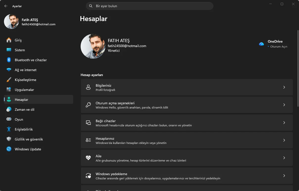 Windows 11 bulut yedekleme için Ayarlar uygulamasını kullanma