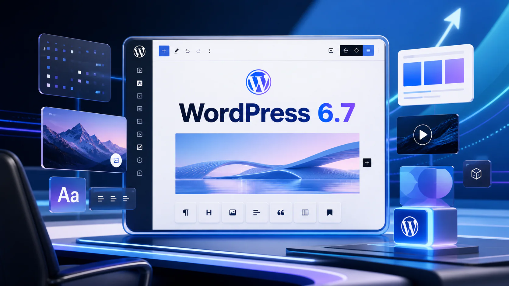 WordPress 6.7 editör yeniliklerini gösteren modern blok arayüzü görseli