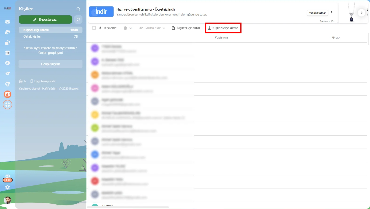 Yandex Mail Kişileri Outlook'a Aktarma