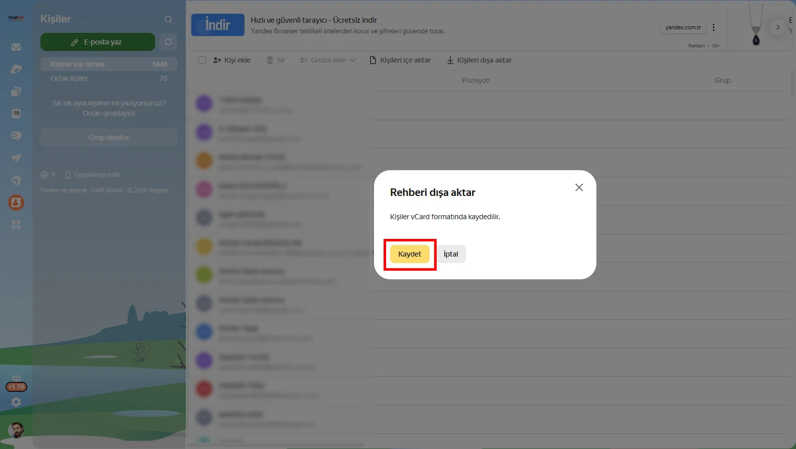 Yandex Mail Kişileri Outlook'a Aktarma
