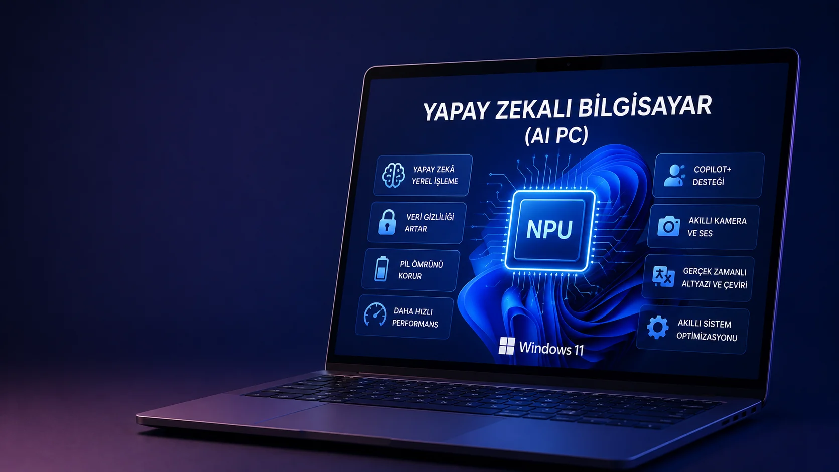 Yapay zekalı bilgisayar ekranında NPU ve AI özellikleri görüntüleniyor