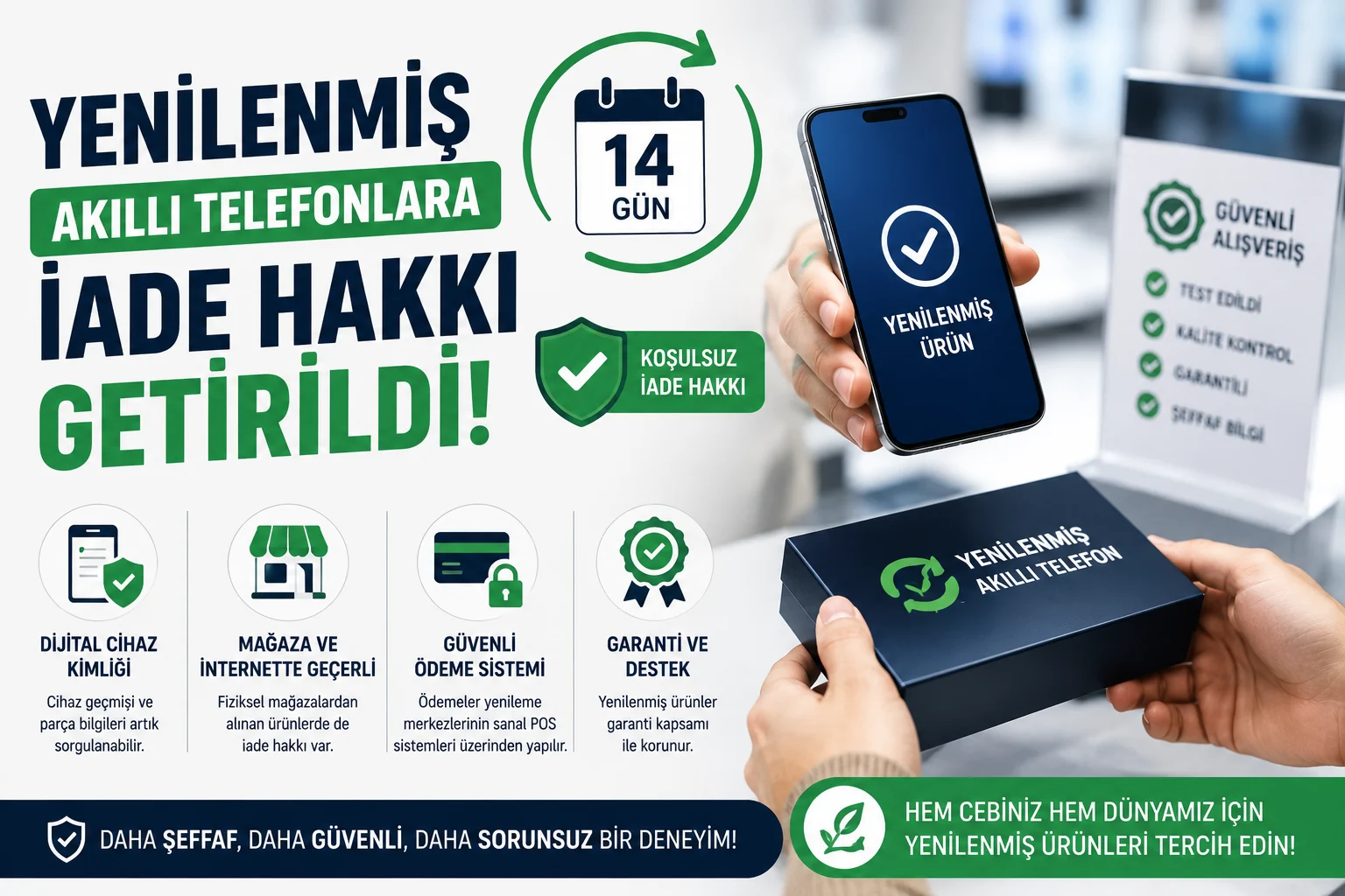 Yenilenmiş Akıllı Telefonlara İade Hakkı kapsamında mağazada telefon inceleyen kullanıcı görüntüsü