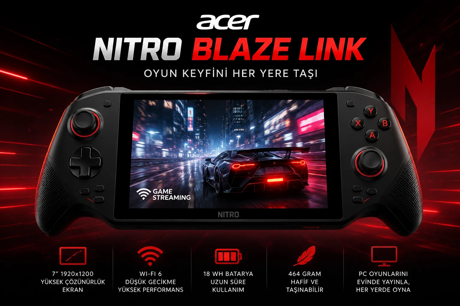 Acer Nitro Blaze Link taşınabilir oyun bilgisayarı yüksek çözünürlüklü ekranıyla görüntüleniyor