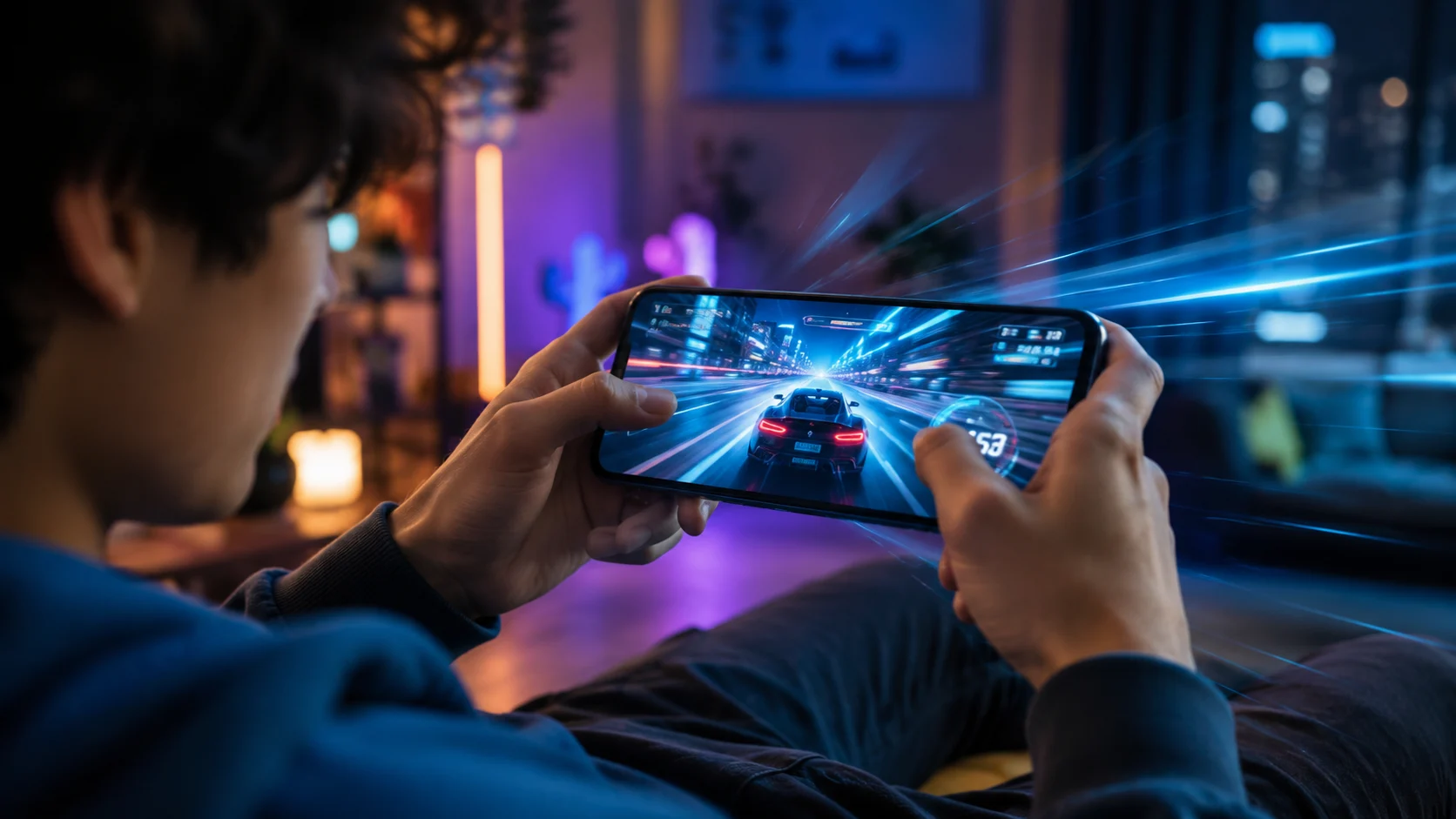 144Hz ekranlı telefonlar, neon hız efektleriyle akıcı mobil deneyimi vurguluyor.