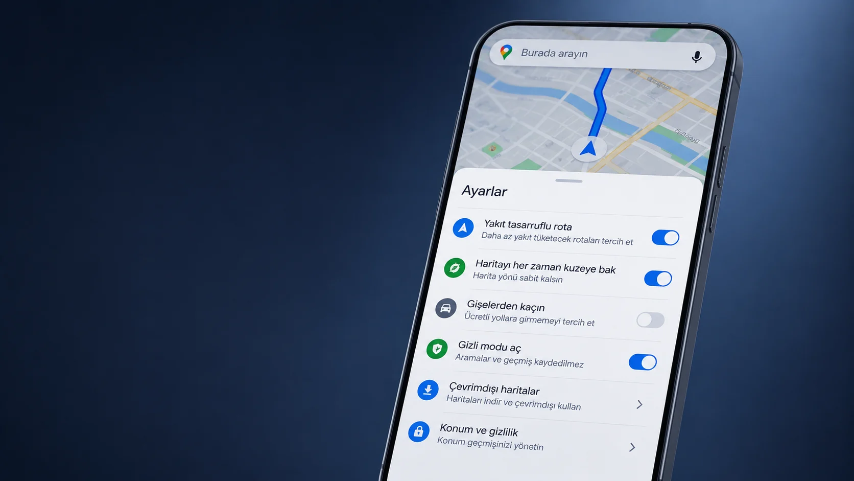40+ gizli Google Haritalar ayarları ekranında navigasyon ve gizlilik seçeneklerini gösteren uygulama arayüzü