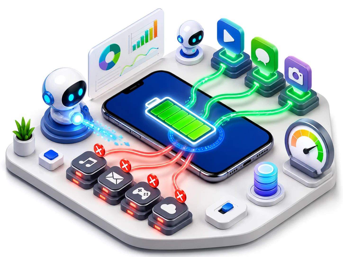 AI destekli pil yönetimi ile akıllı telefon bataryasında enerji akışı görselleştiriliyor.