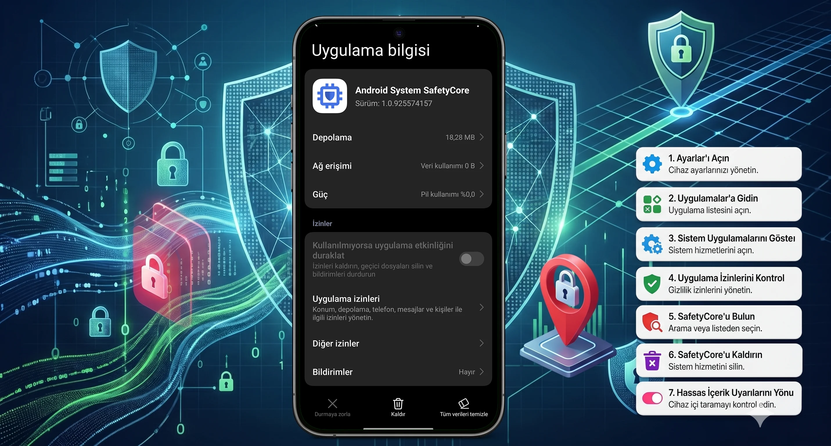 Android SafetyCore Kaldırmak için uygulaması gereken adımların ekran görüntüleri