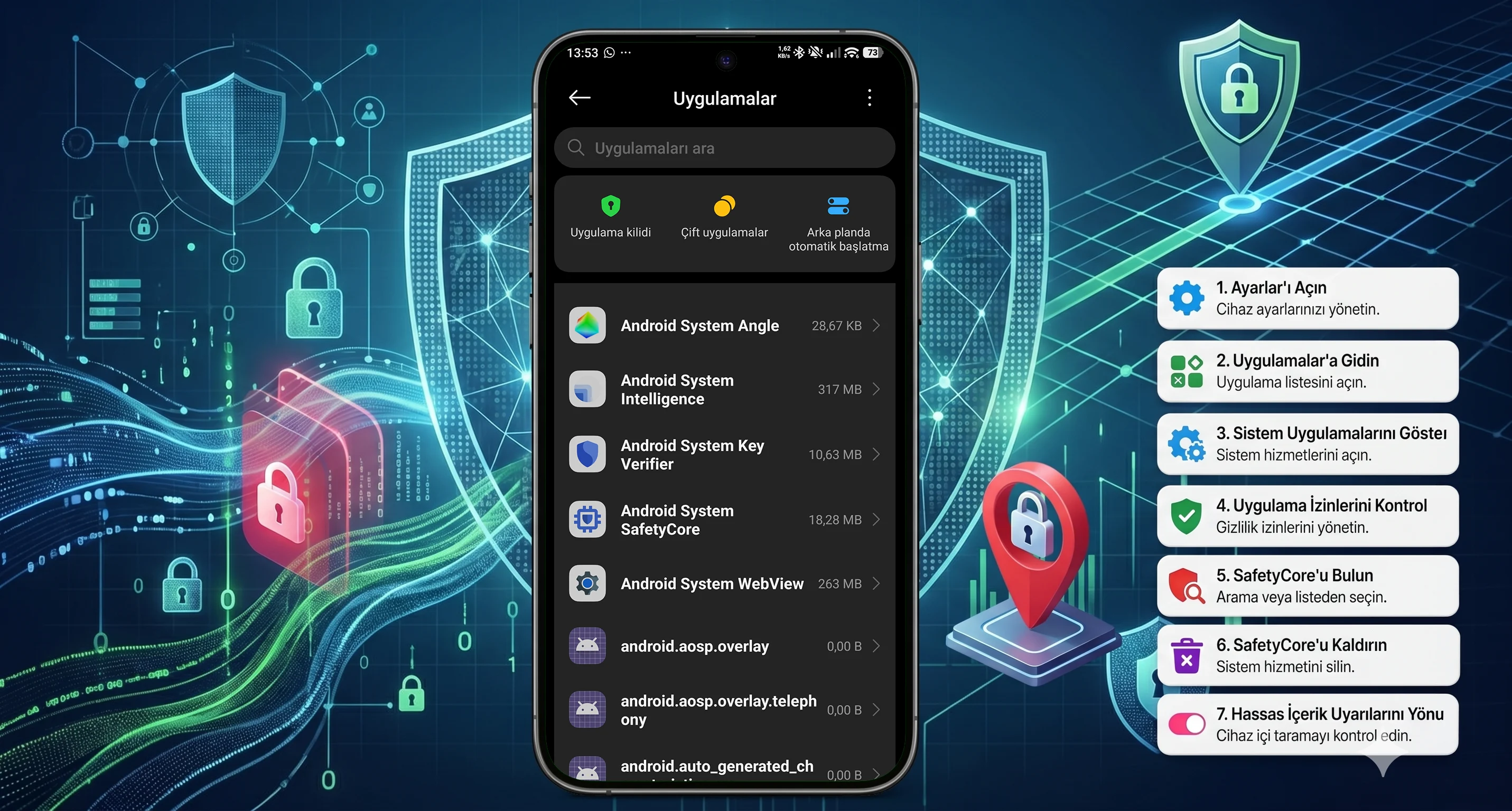 Android SafetyCore Kaldırmak için uygulaması gereken adımların ekran görüntüleri