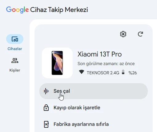 Kayıp telefon bulma Android Ses Çalma Ekranı