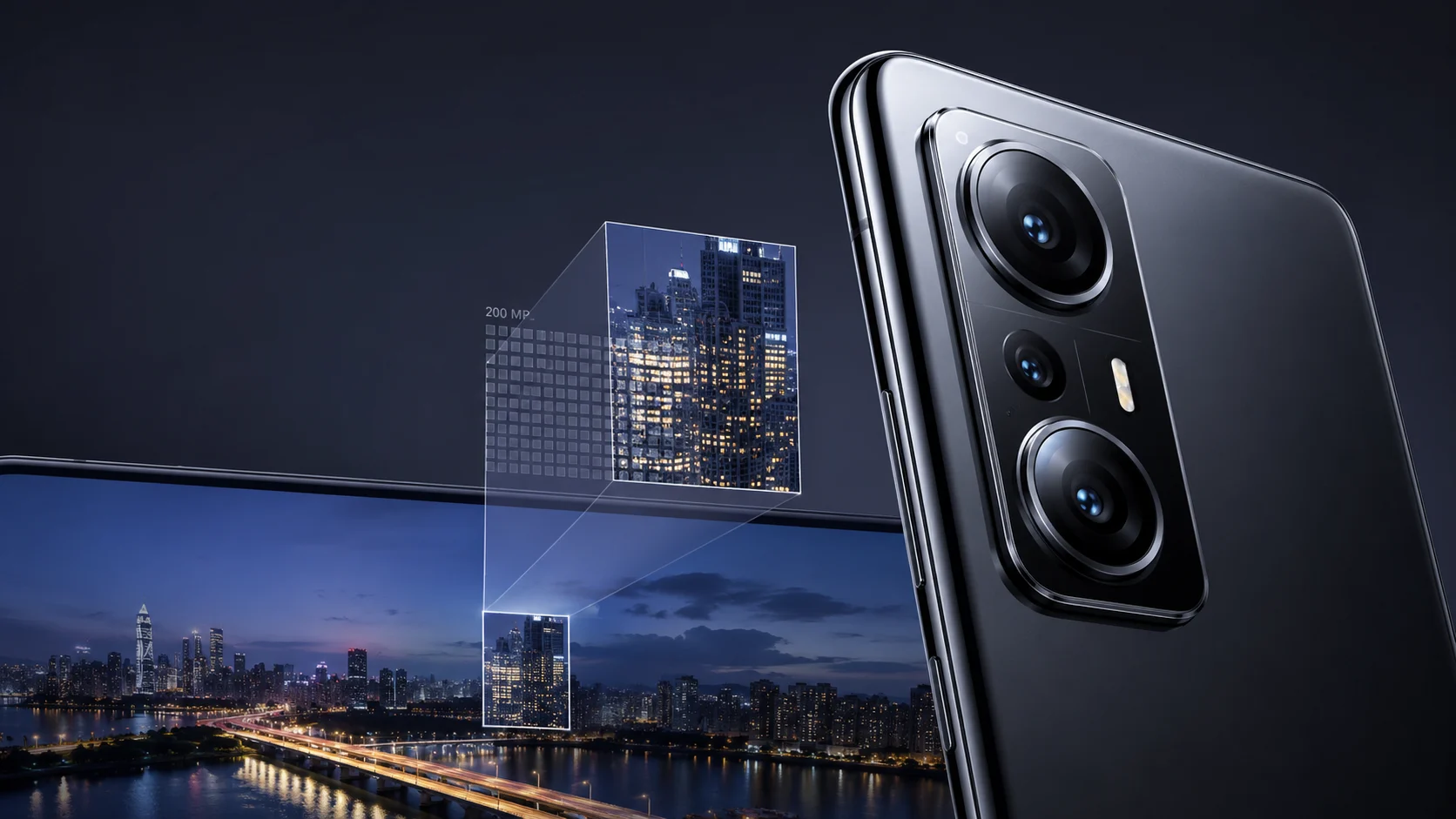 Android telefonlarda 200 MP kamera, gece şehir detaylarını büyütülmüş kadrajla gösteriyor