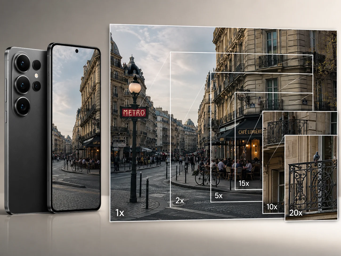 Android telefonlarda 200 MP kamera, şehir sahnesinde farklı yakınlaştırma seviyelerini karşılaştırıyor