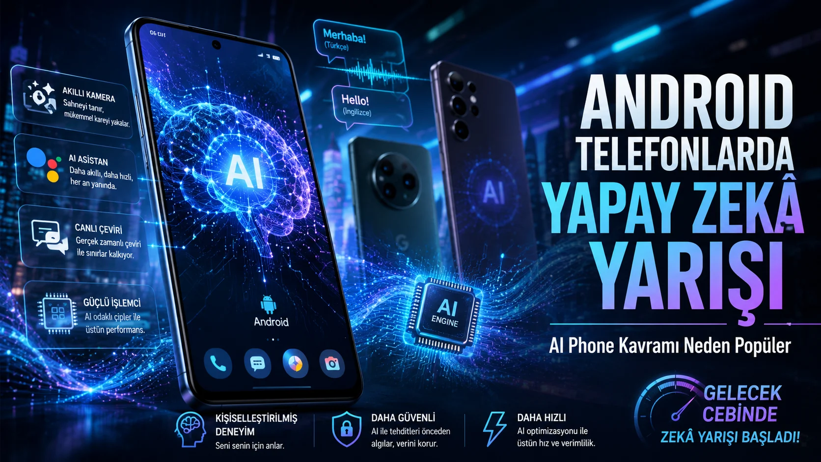 AI Phone, Android telefonlarda yapay zekâ yarışını gösteren futuristik kapak tasarımı.
