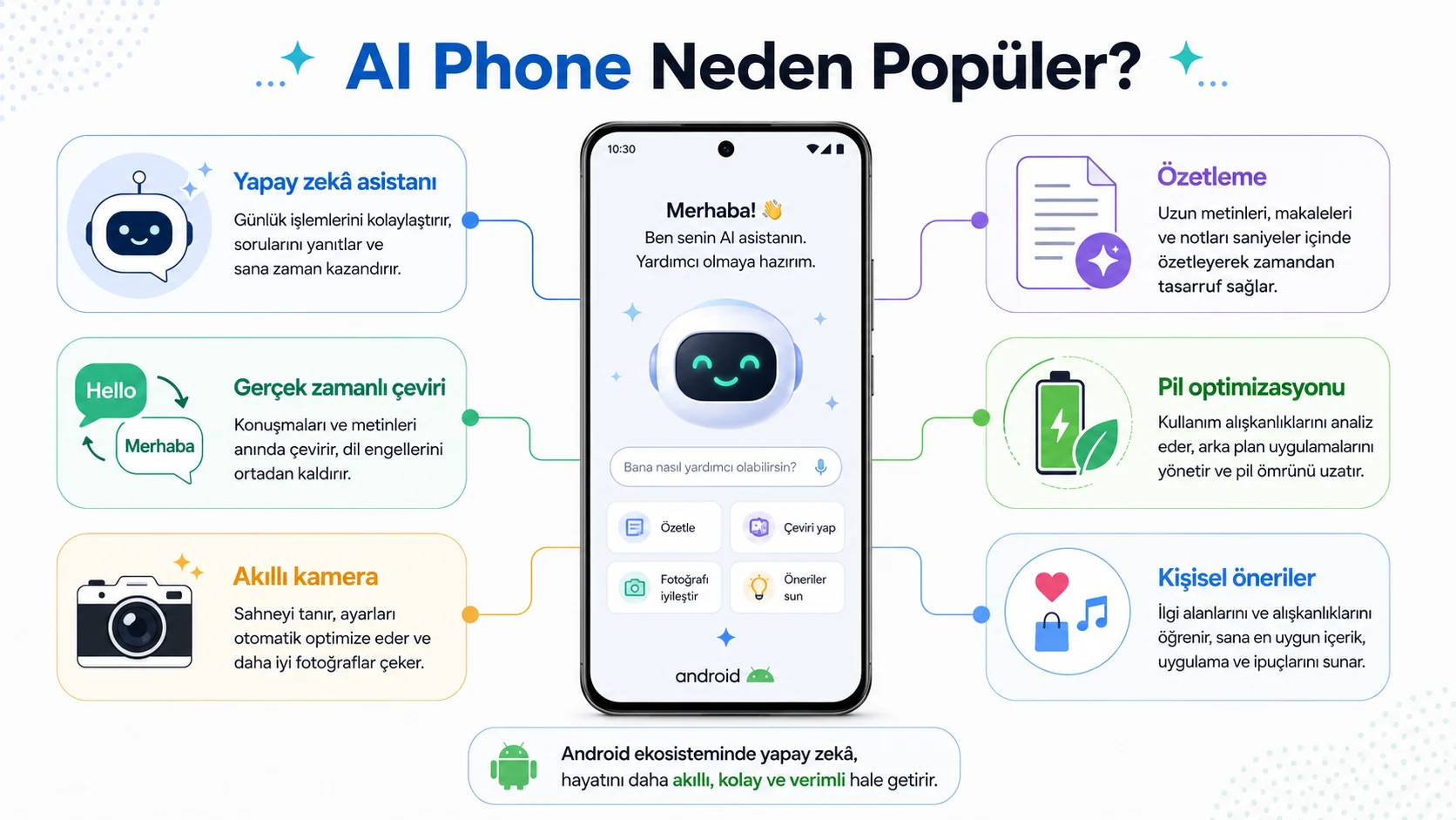 AI Phone özellikleri, asistan, çeviri ve kamera avantajlarını infografik düzeninde açıklar.