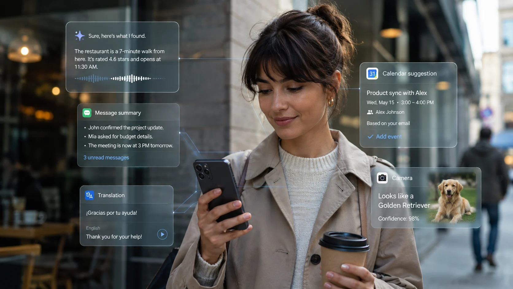 AI Phone kullanımı, günlük yaşamda akıllı öneriler ve çeviri desteğini gösterir.