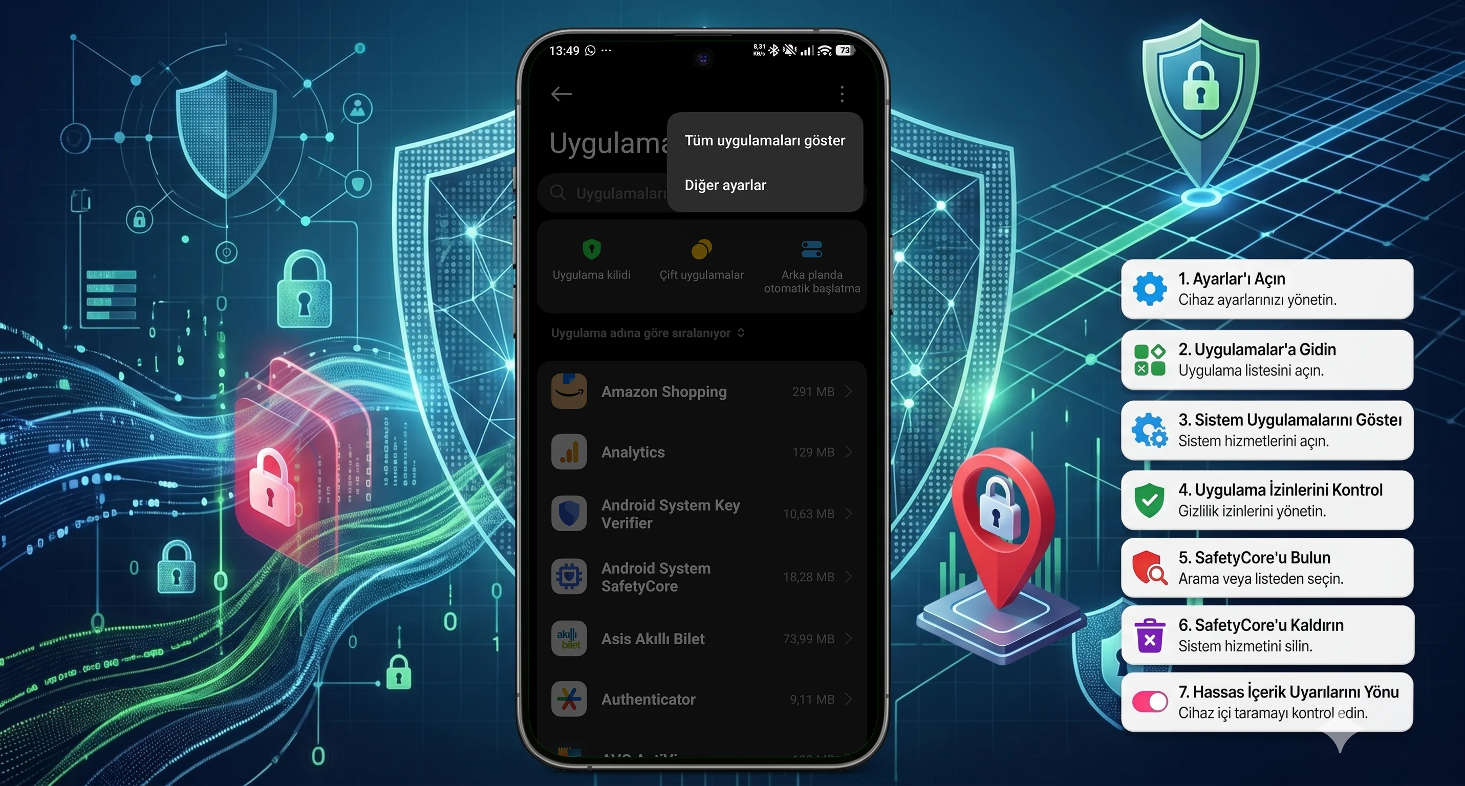 Android SafetyCore Kaldırmak için uygulaması gereken adımların ekran görüntüleri