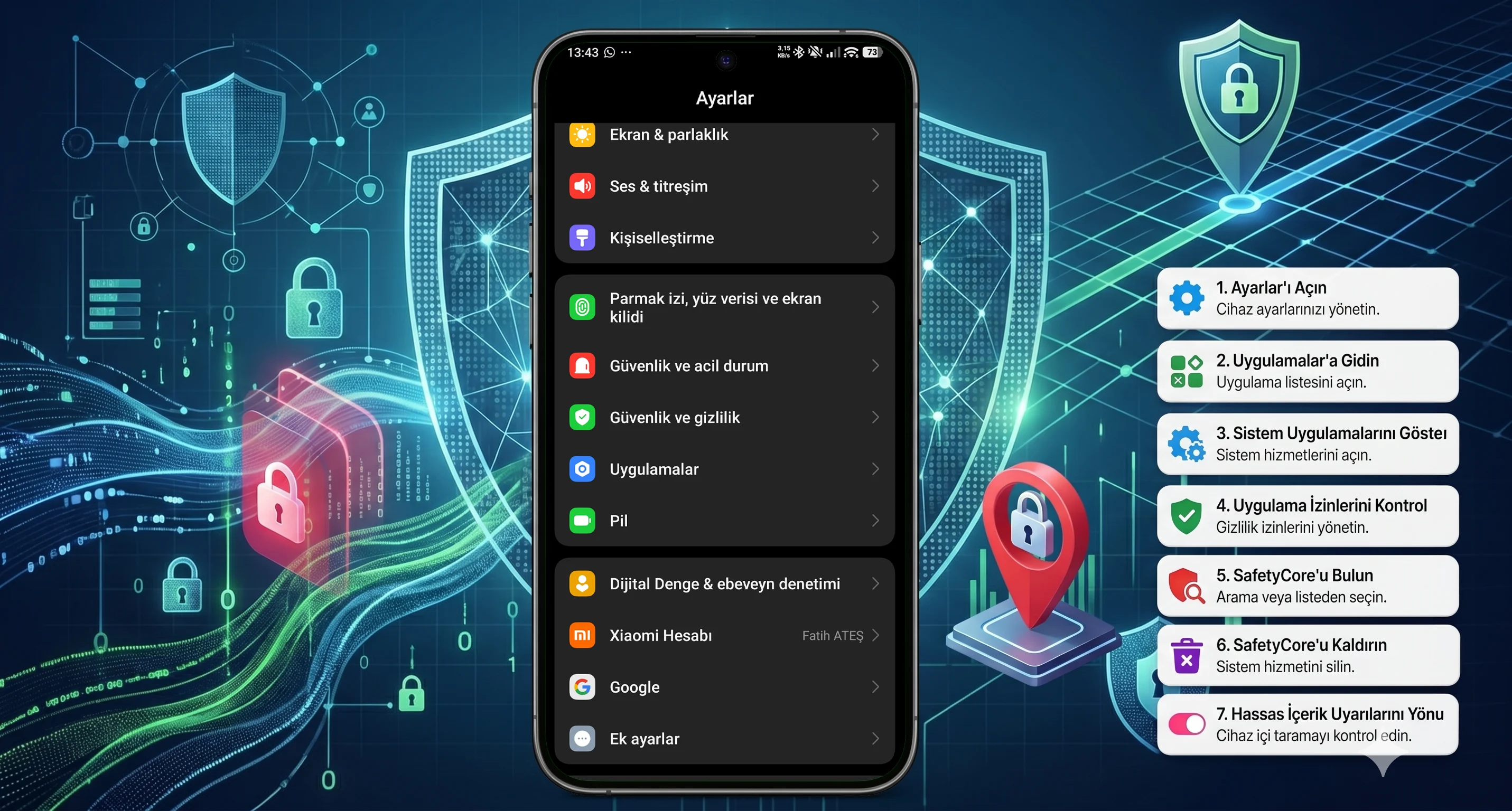 Android SafetyCore Kaldırmak için uygulaması gereken adımların ekran görüntüleri
