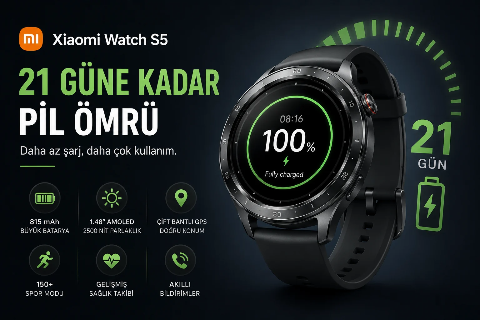 Xiaomi Watch S5 21 Günlük Pil Kullanım Ömrü Sunuyor