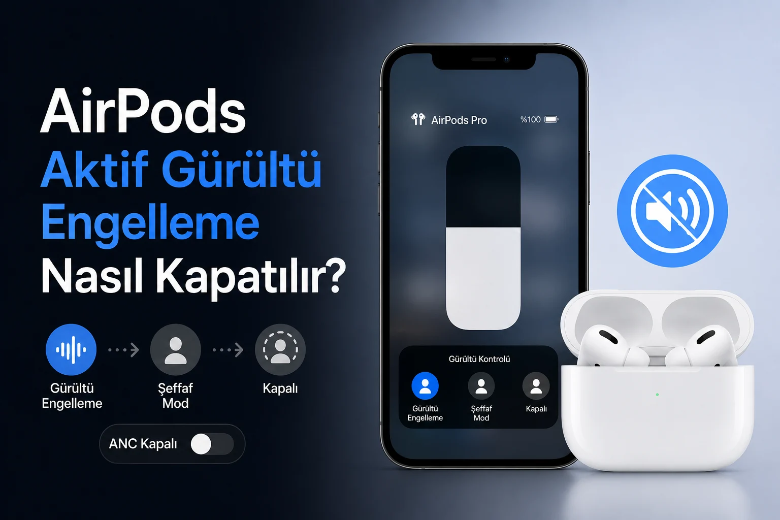 AirPods aktif gürültü engelleme ayarları iPhone üzerinden yönetilirken gösteriliyor