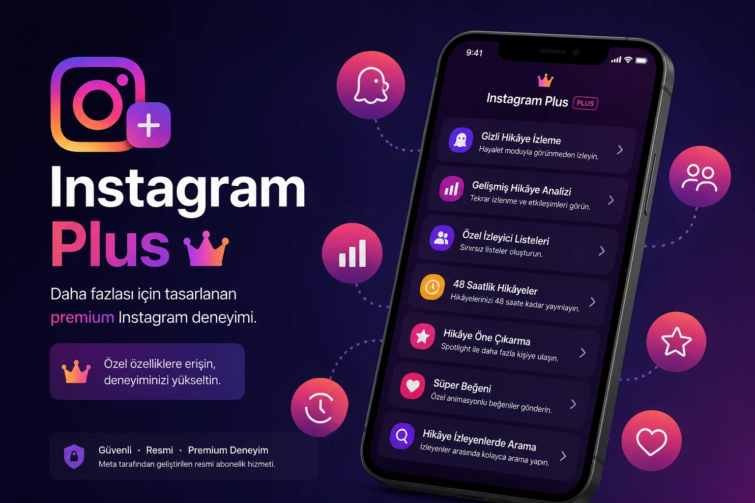 Instagram Plus özelliklerini gösteren premium abonelik ve hikâye araçları