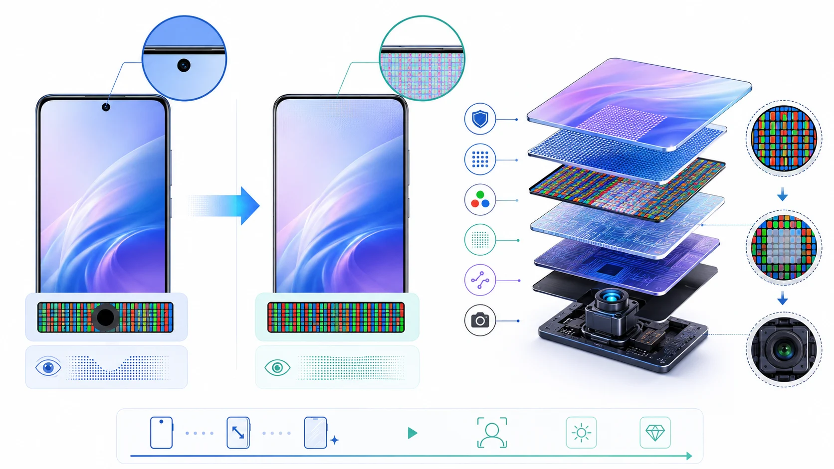 Ekran Altı Selfie Kamerası deliksiz ekran ile katman yapısını açıklayan teknik infografik.