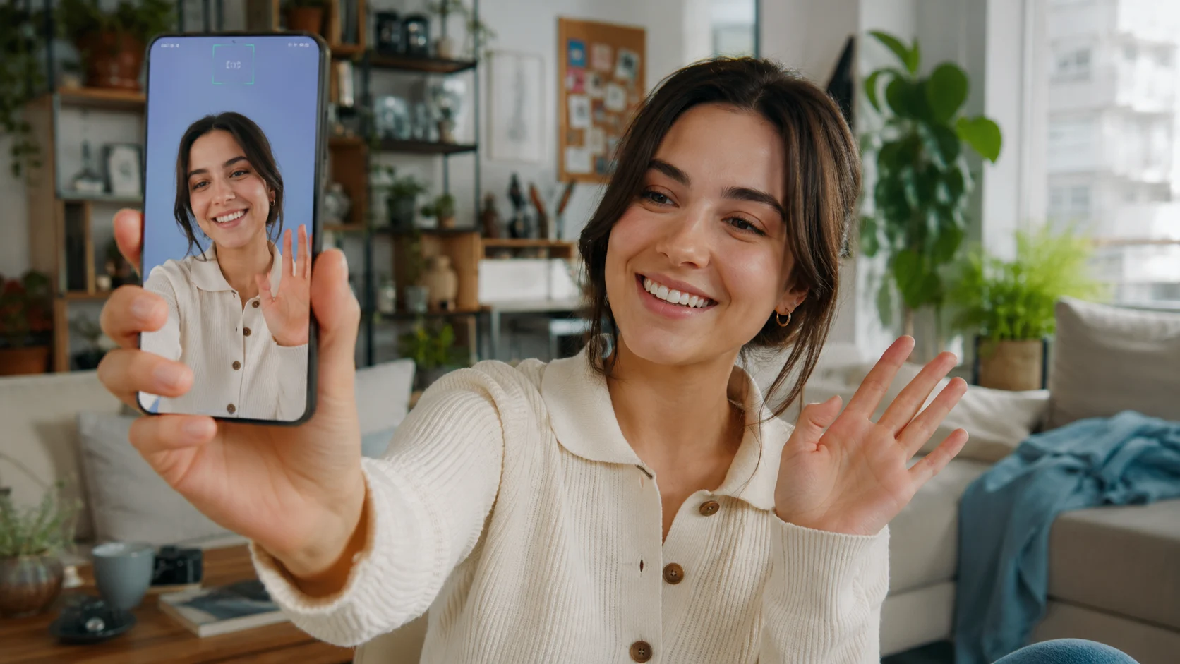 Ekran Altı Selfie Kamerası evde görüntülü konuşan kullanıcı deneyimini doğal biçimde gösteriyor.