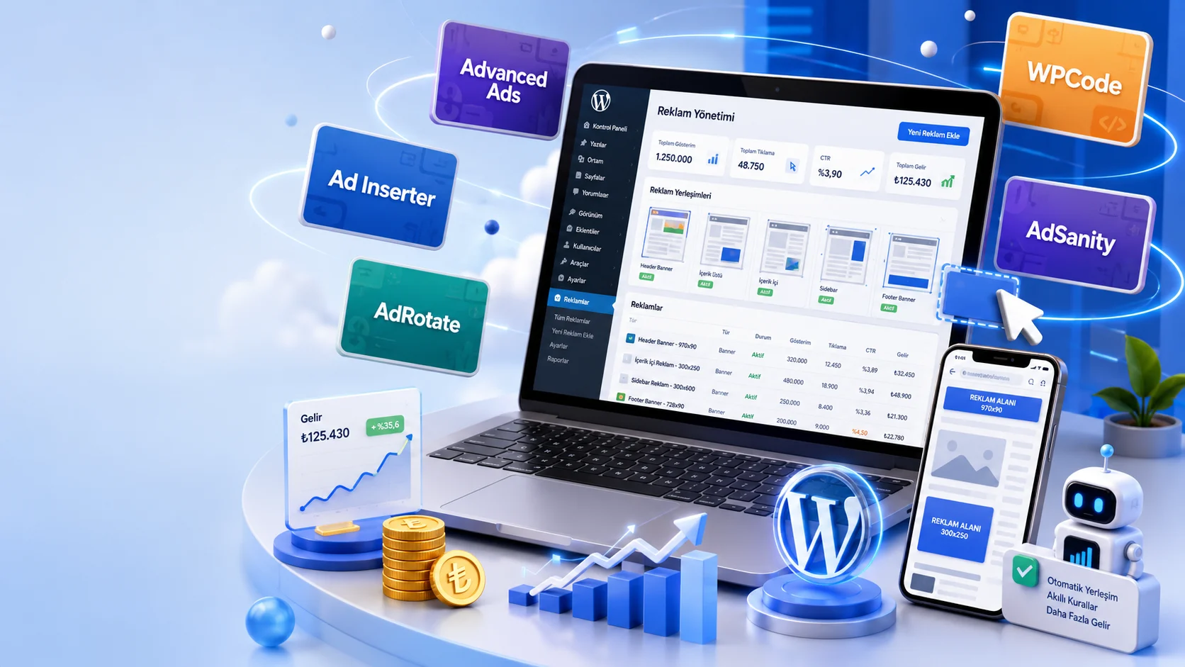 WordPress reklam eklentisi seçeneklerini gösteren modern reklam yönetimi paneli ve analiz ekranı.