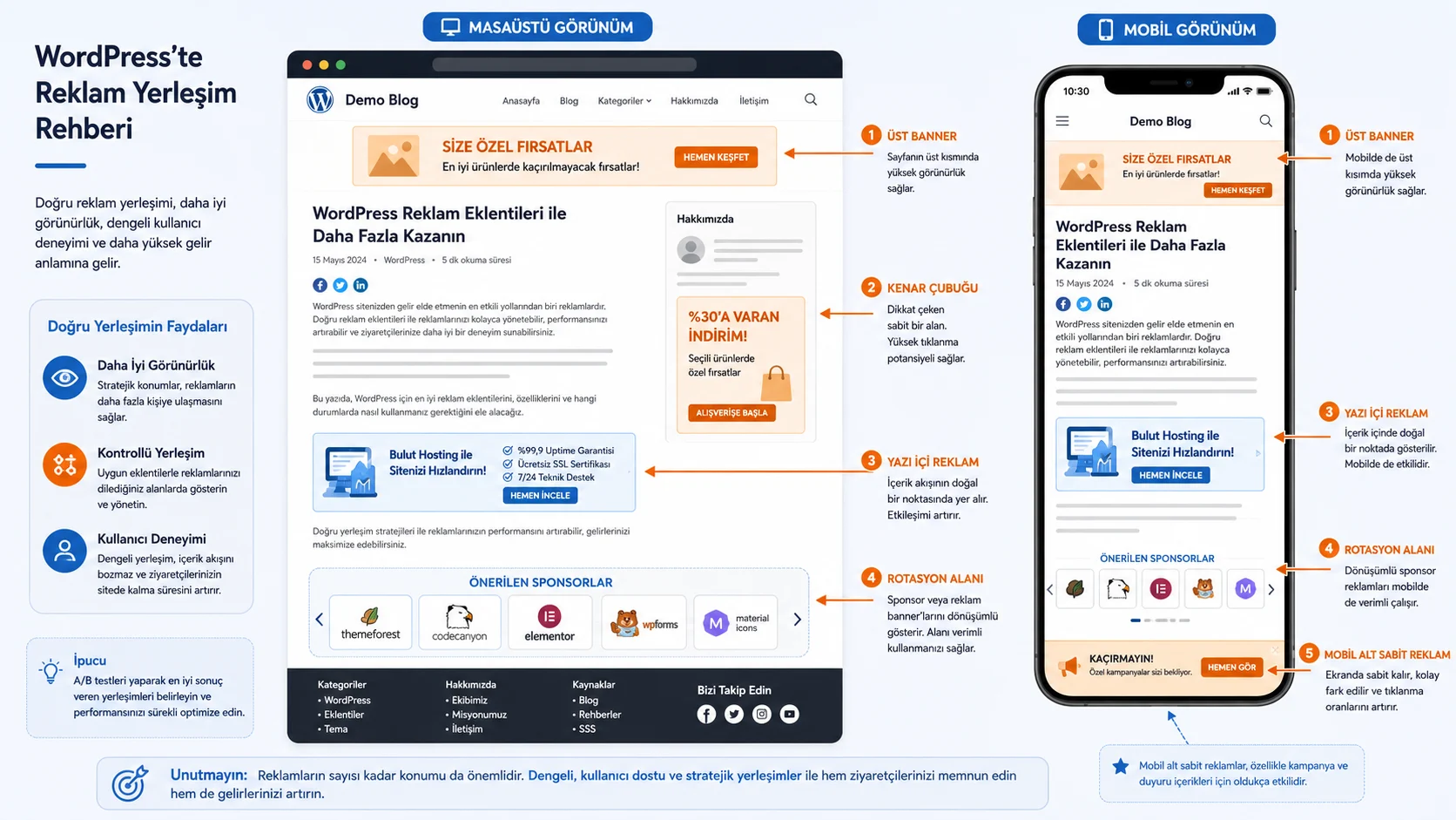 WordPress reklam eklentisi kullanımı, masaüstü ve mobil reklam yerleşimlerini gösterir.