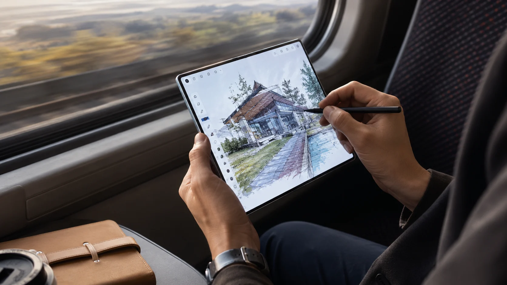 Katlanabilir Telefon tren yolculuğunda stylusla çizim yapan kullanıcıya eşlik ediyor.