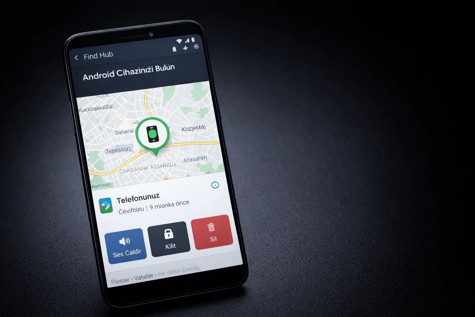 Kayıp telefon bulma Android ekranında Find Hub konum takibi görünümü