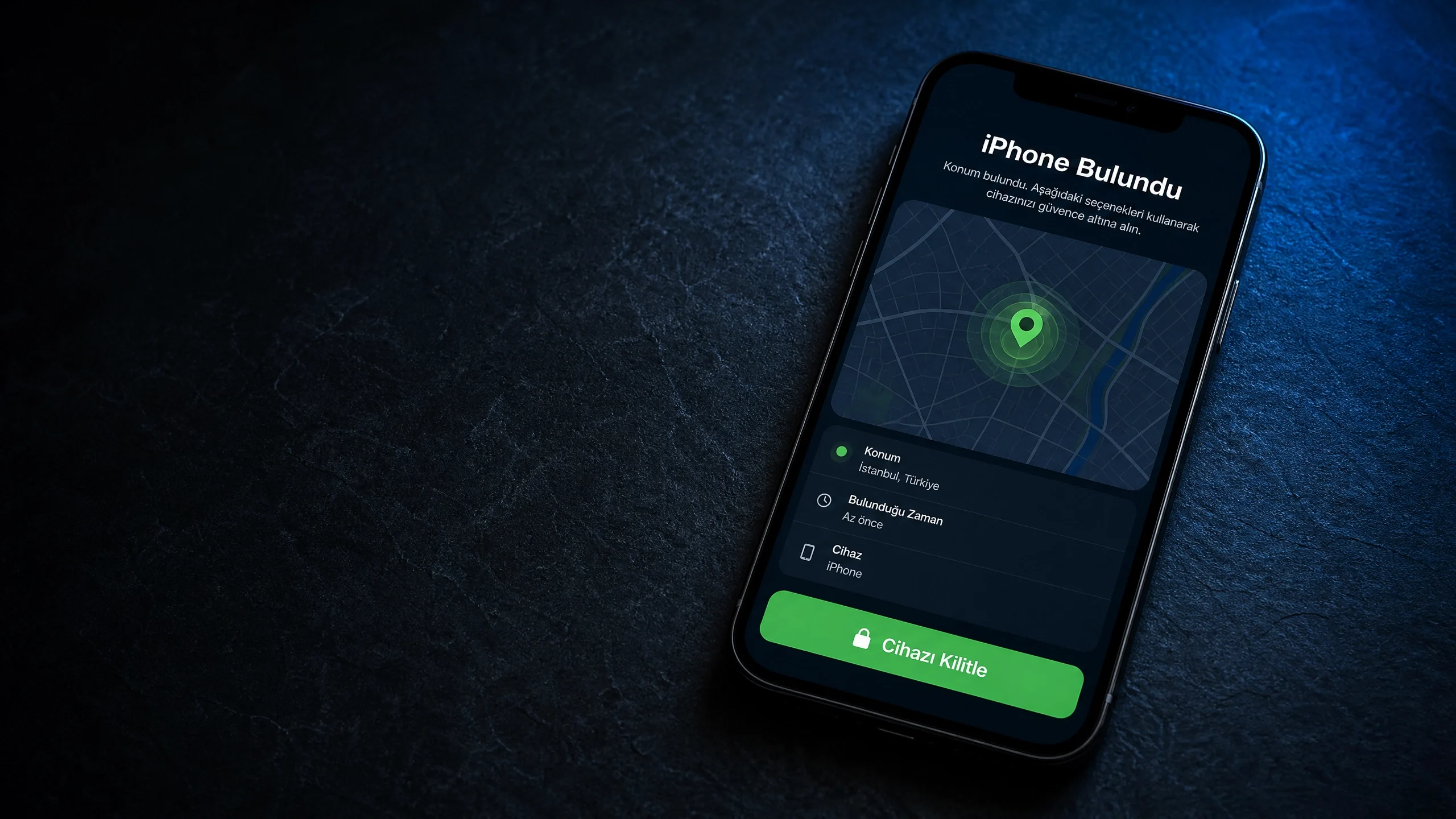 Kayıp iPhone bulma ekranında Bul uygulamasıyla cihaz konumu görüntüleniyor