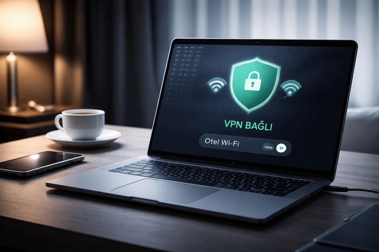 Otelde güvenli Wi-Fi kullanımı için VPN korumalı dizüstü bilgisayar bağlantısı
